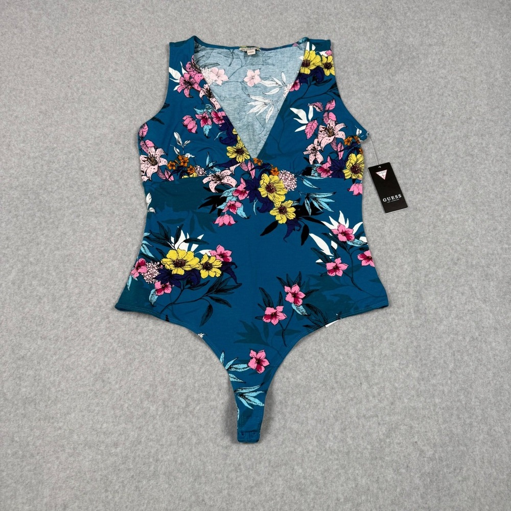 Guess Jenny Bodysuit Lagoon Blooms Indie Sleeze Blue V-Neck Sleeveless Large NEW